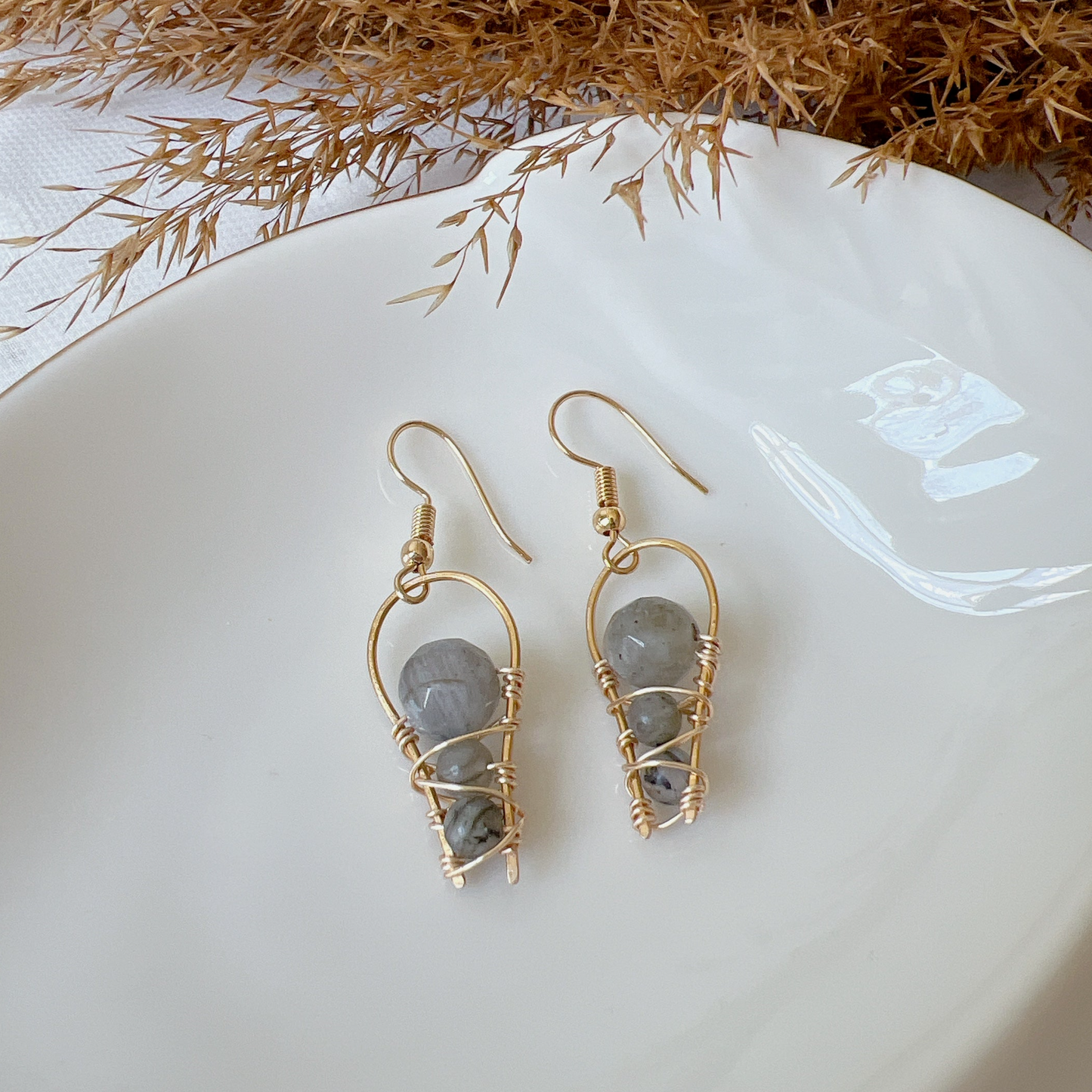 Labradorite Gemstone Wire Wrapped Oval Shape Earrings