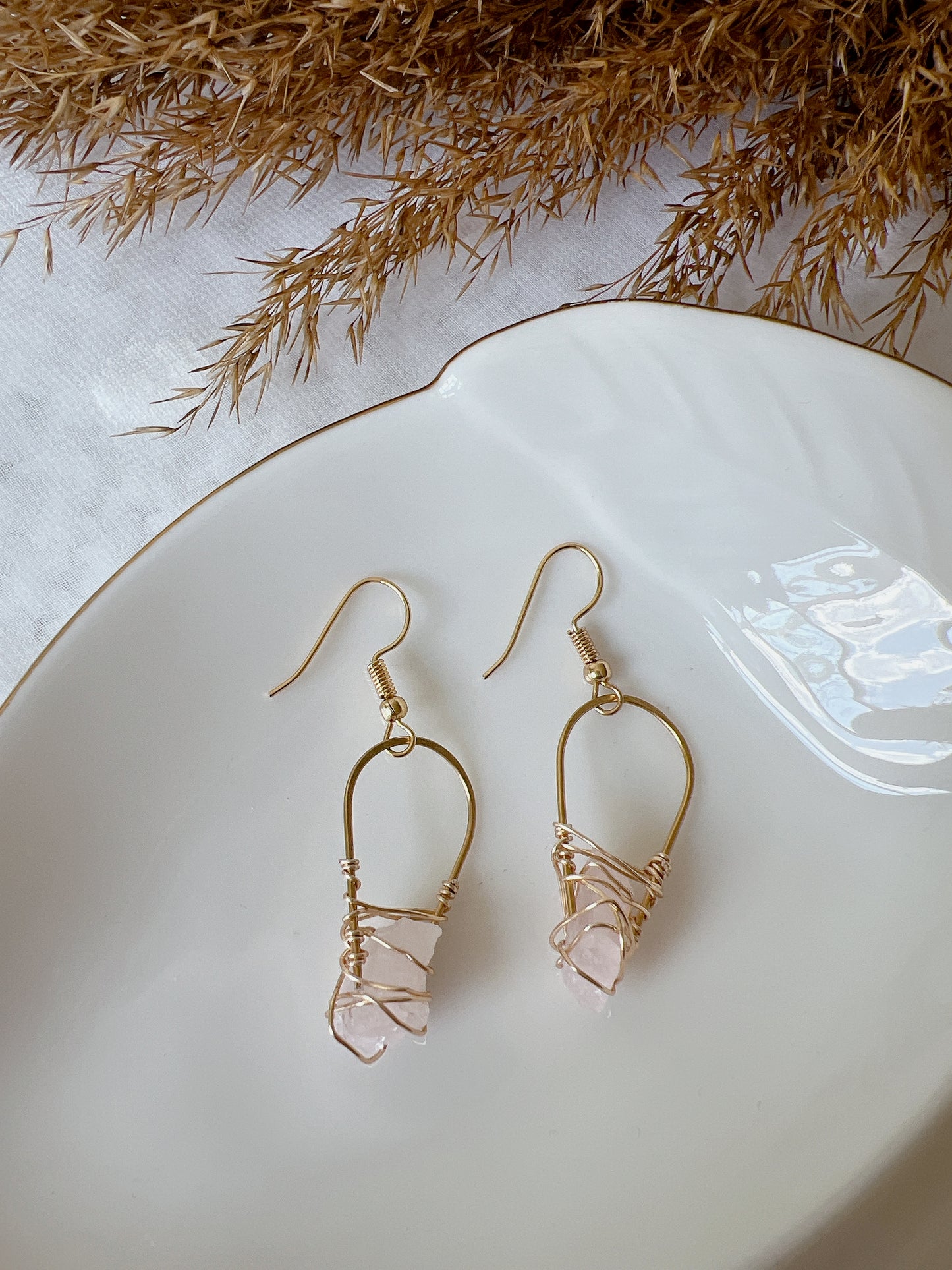 Rose Quartz Oval Shape Hammer Wire Wrapped Earrings