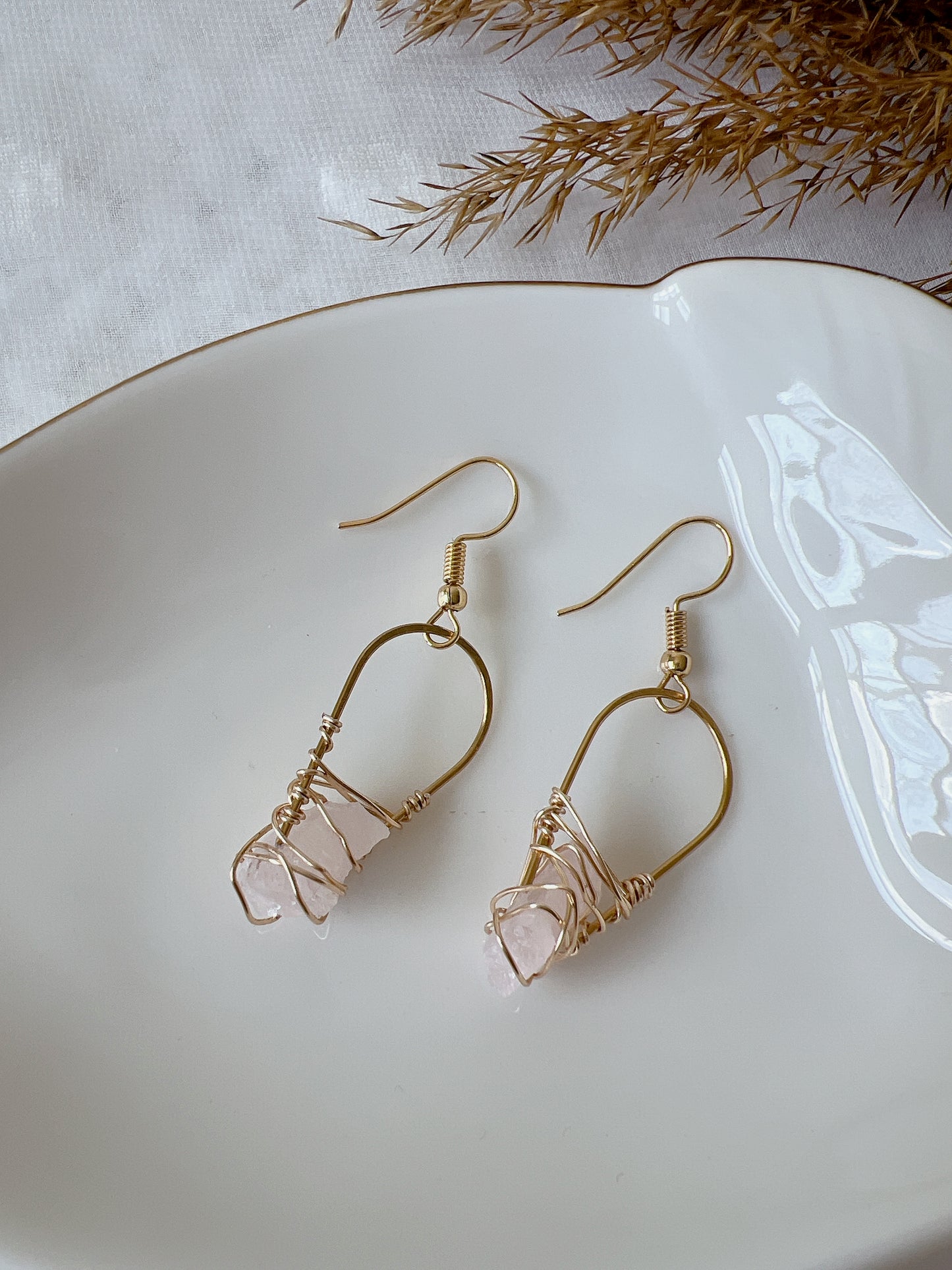 Rose Quartz Oval Shape Hammer Wire Wrapped Earrings
