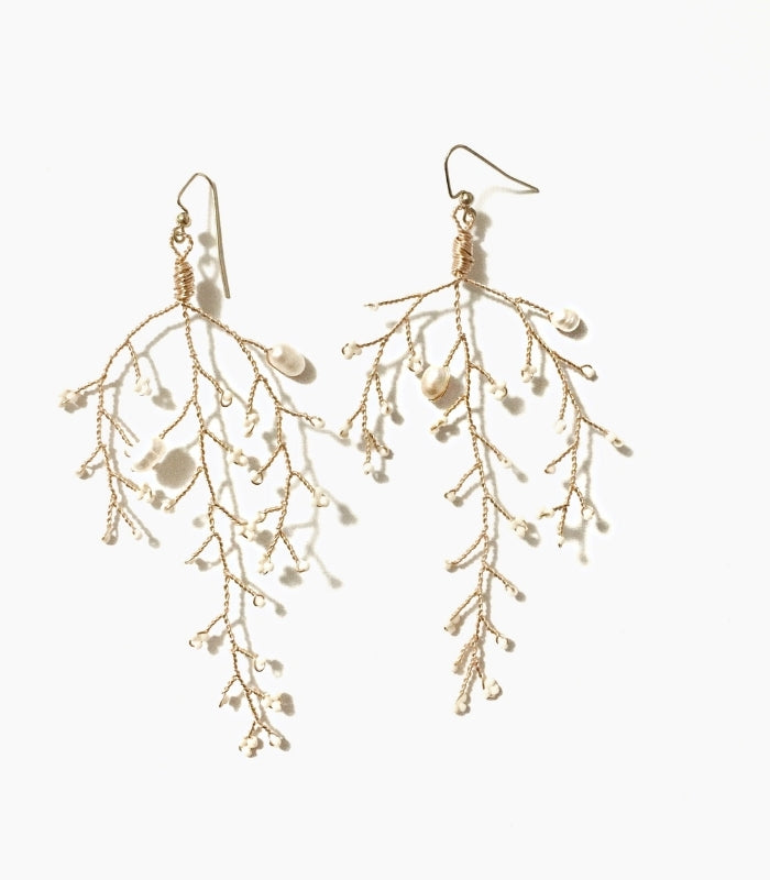Long Tree Branch White Pearl Earrings