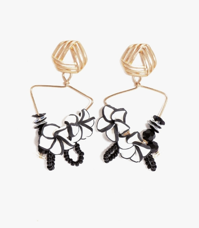 Flower Black Beaded Crystal Chandelier Earrings