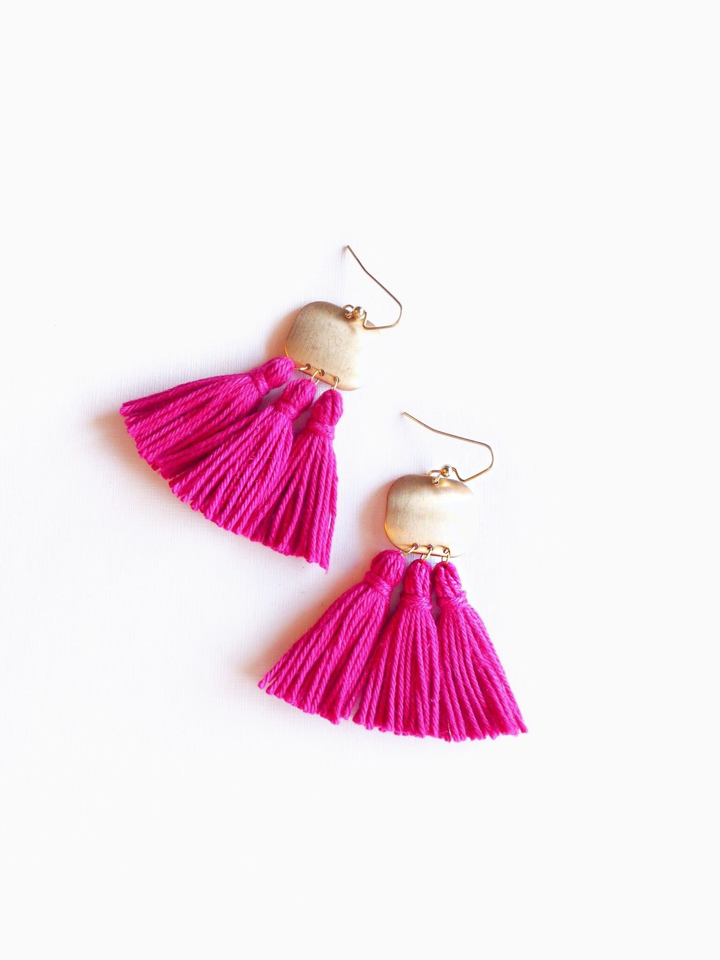 Fuchsia Pink Tassel Gold Brass Earrings