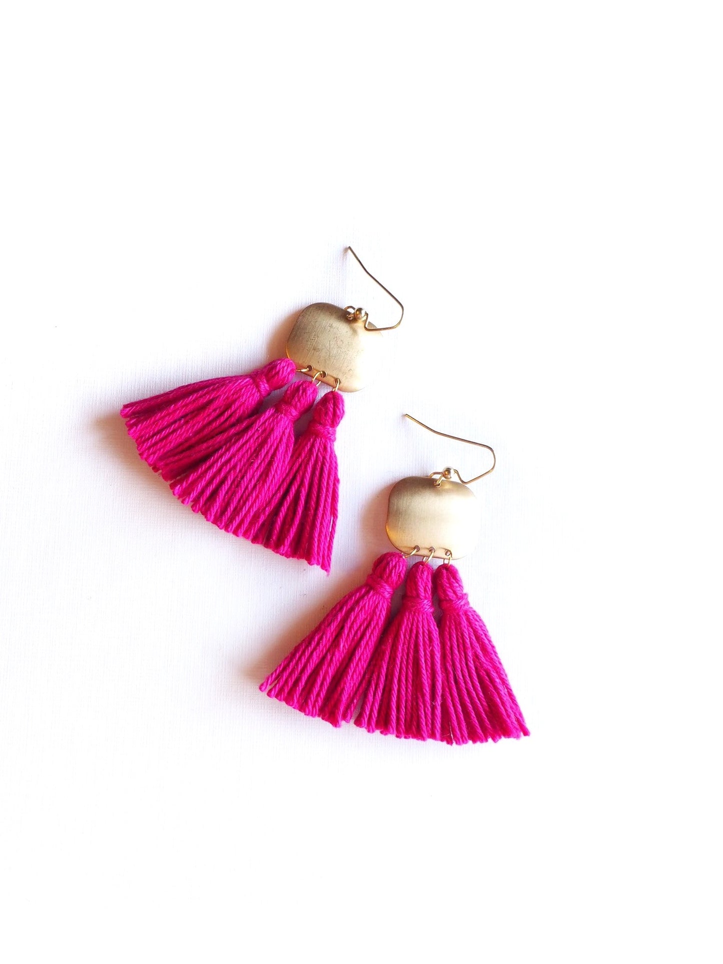 Fuchsia Pink Tassel Gold Brass Earrings