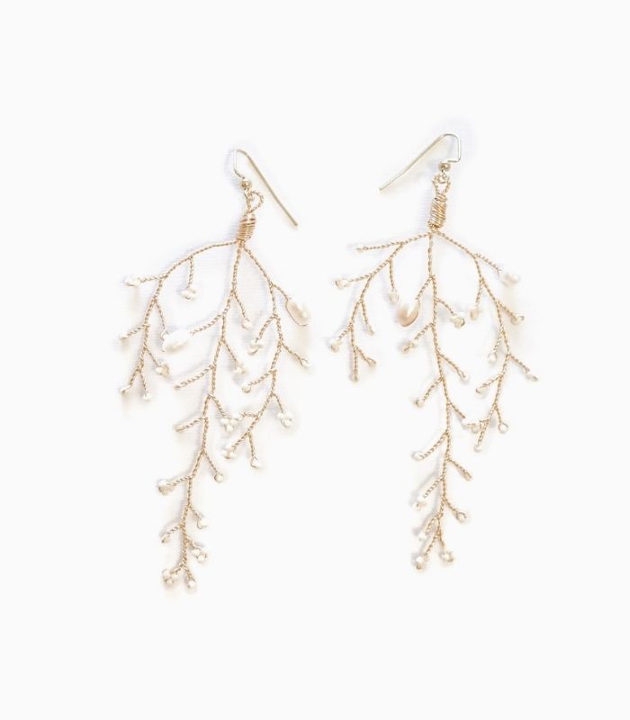 Long Tree Branch White Pearl Earrings