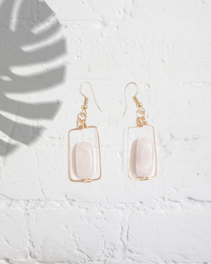 Rose Quartz Stone Rectangle Wire Earrings
