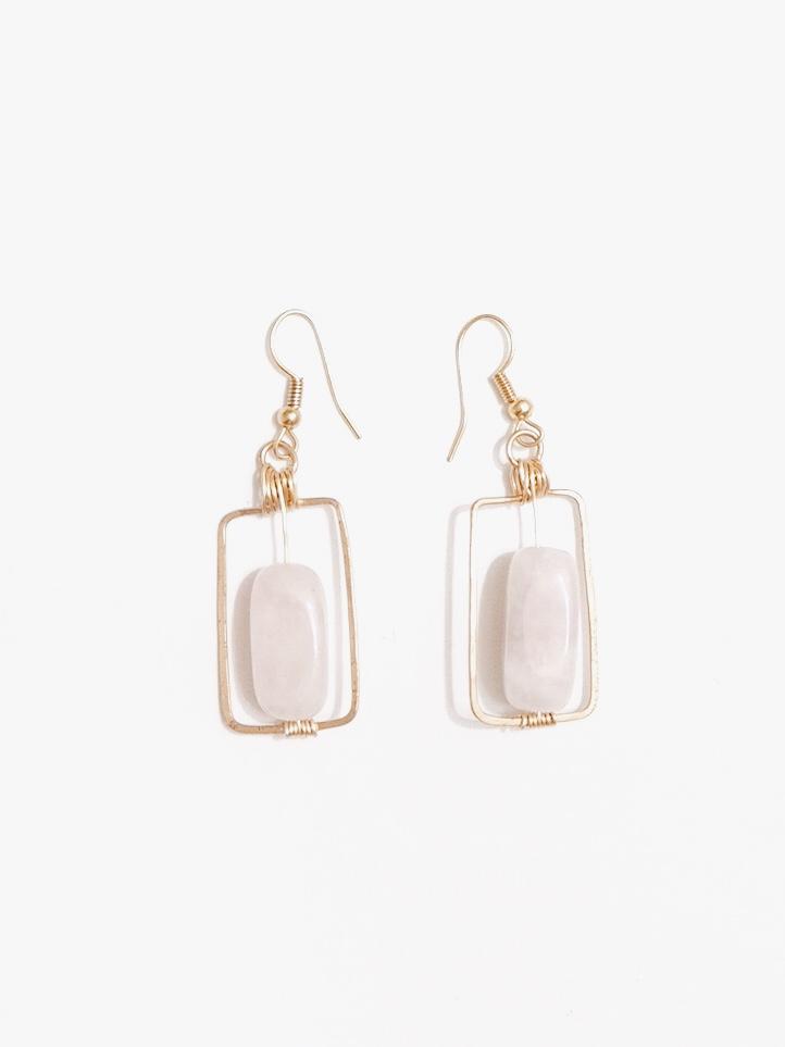 Rose Quartz Stone Rectangle Earrings