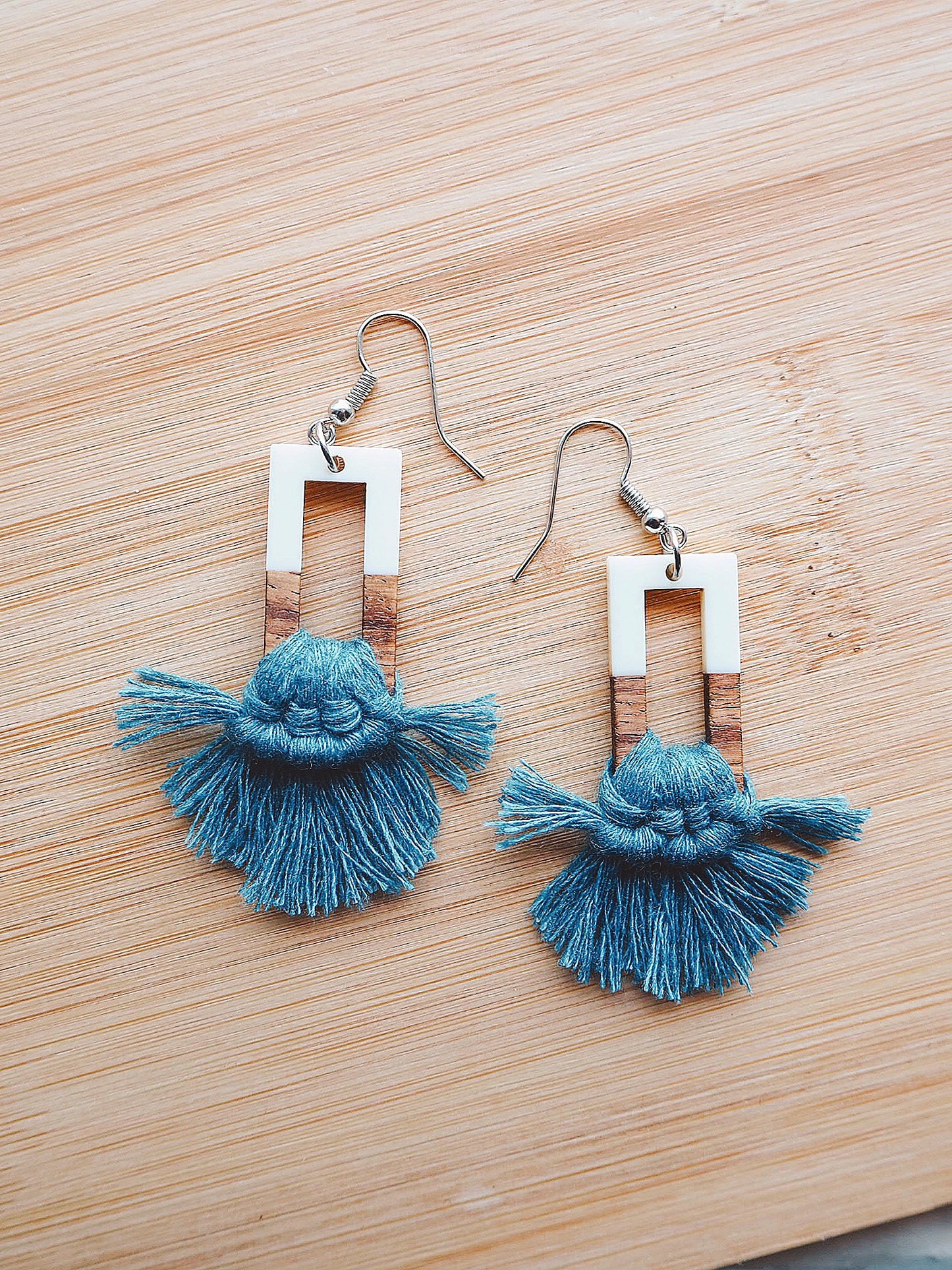 Blue Jeans Macrame Wood Earrings