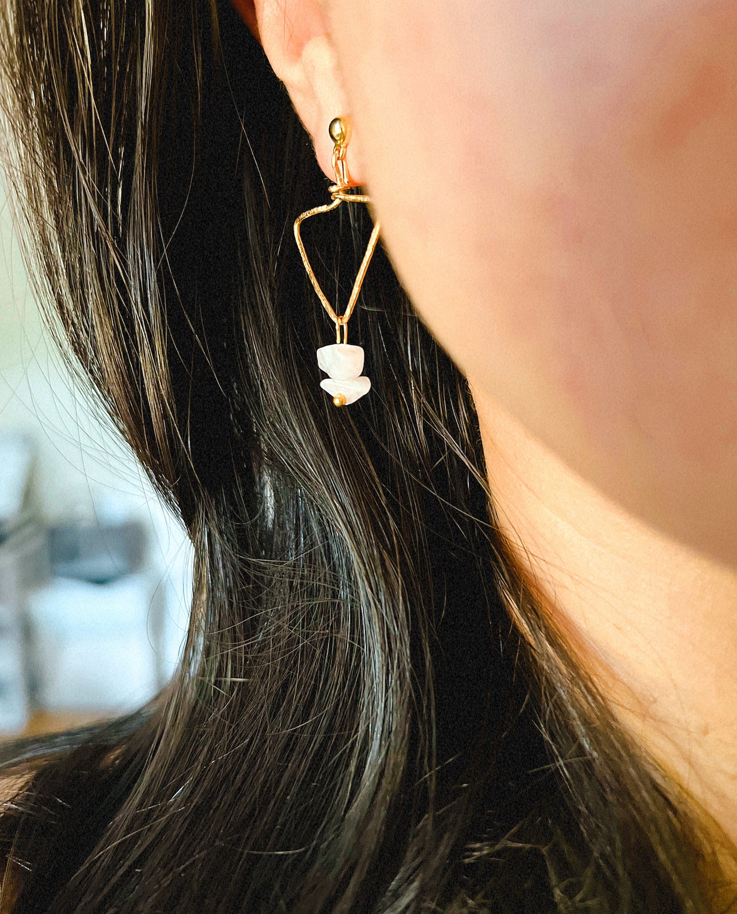 Rose Quartz Stone Triangle Wire Earrings