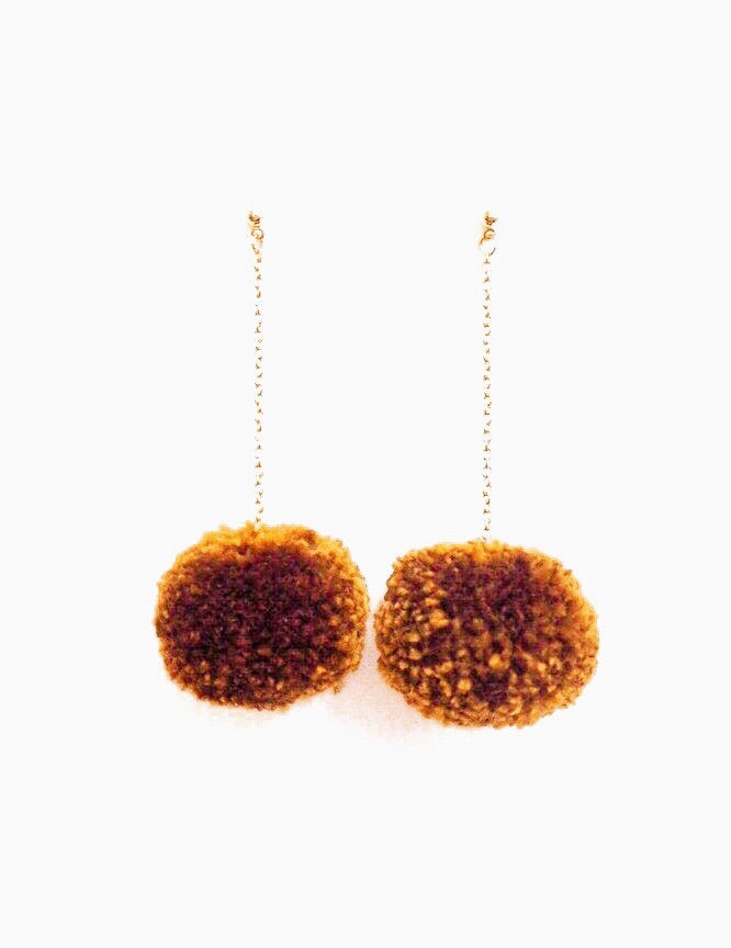 Whisky Brown Pom Pom Long Earrings