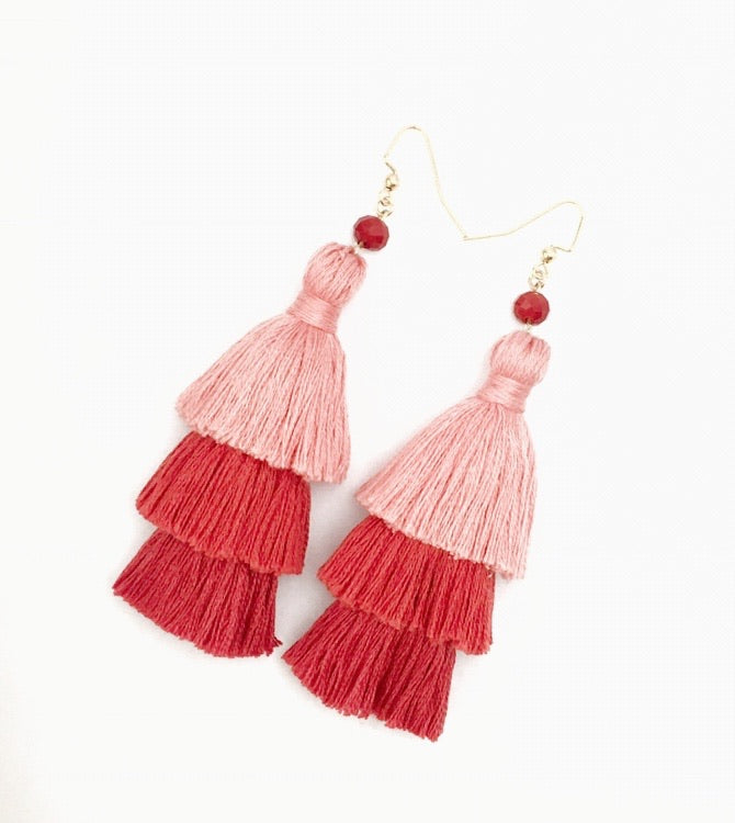 Orange Brick Ombre Stacked Tassel Earrings