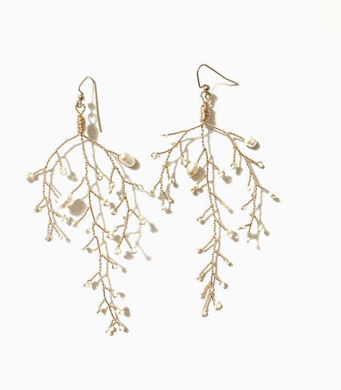 Long Tree Branch  White Pearl Earrings