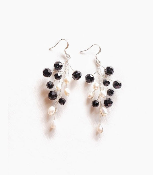 Black Crystal Beaded and pearl Wire Earrings