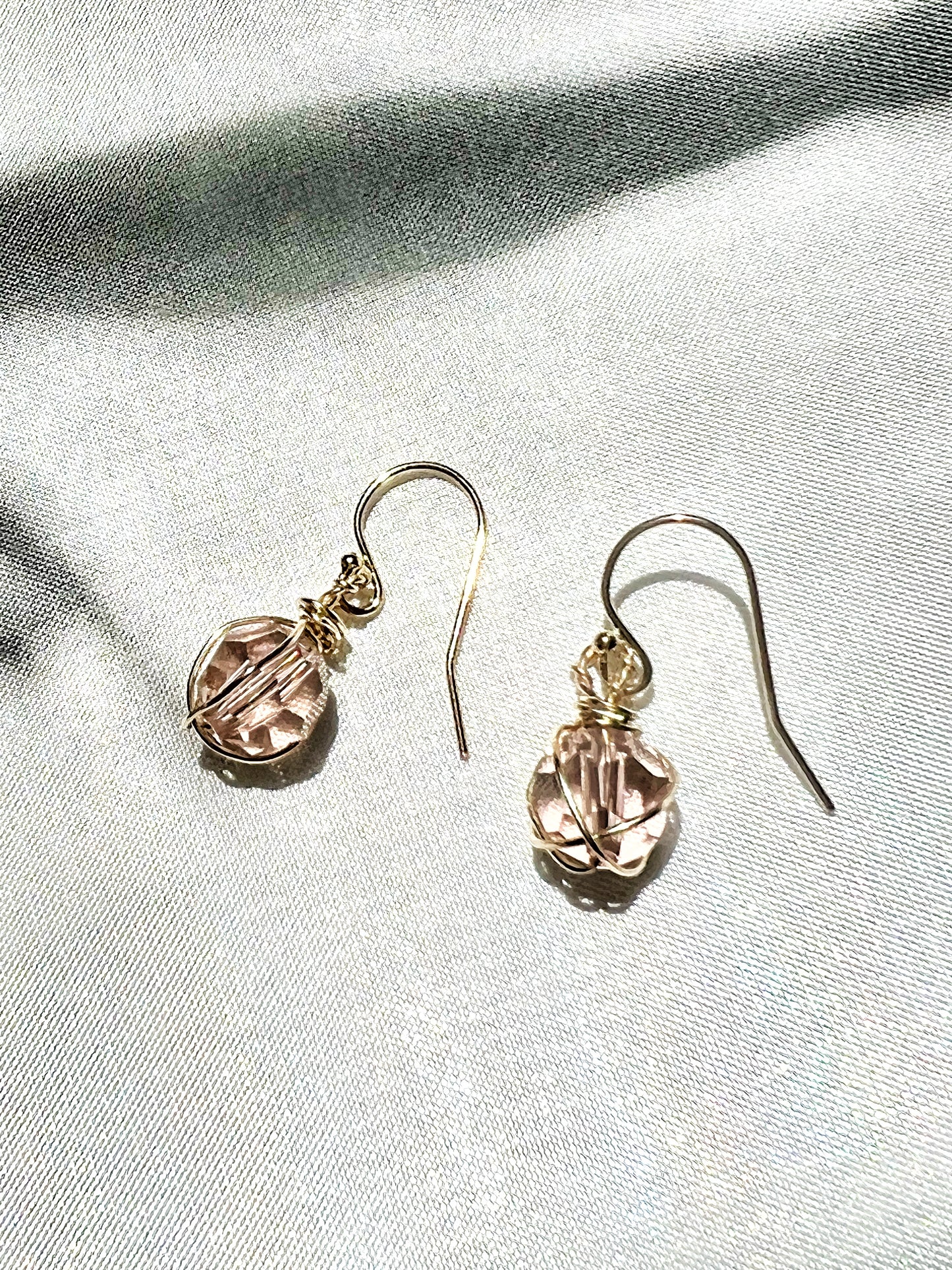 14K Gold Filled Pink Rose Crystal Wire Wrapped Dangle Earrings