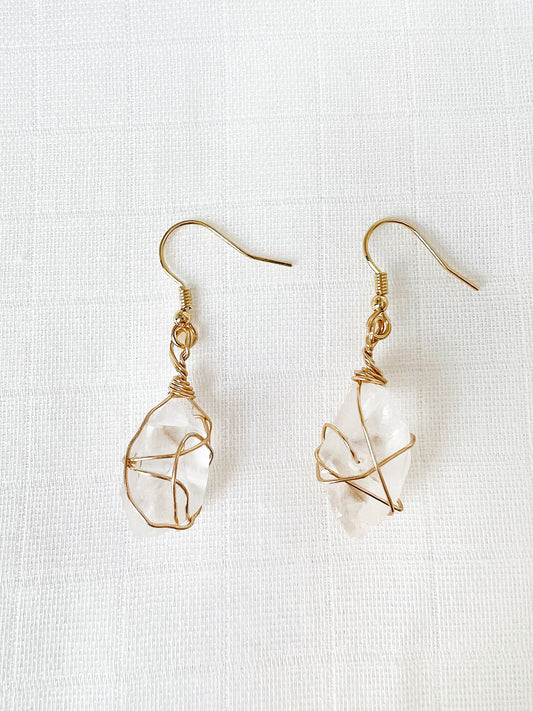 Raw Quartz Wire Wrapped Gold Earrings