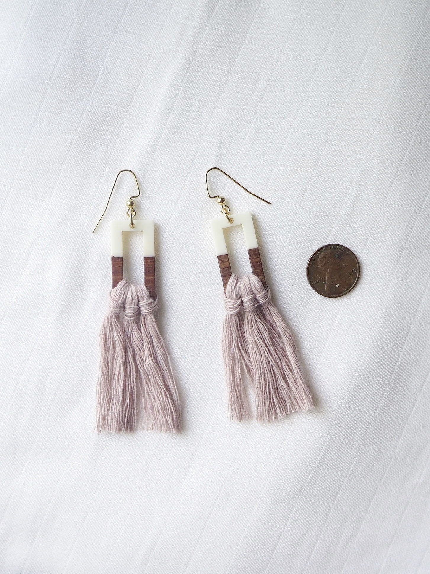 Pink Gray Macrame Wood Long Earrings 
