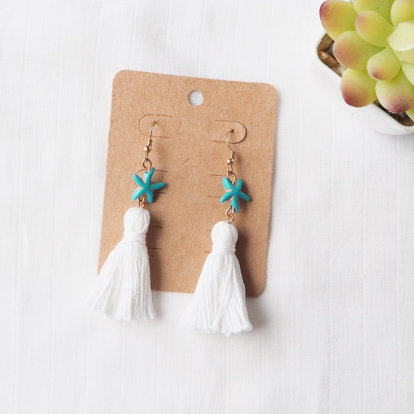 Blue Starfish Drop White Tassel Earrings