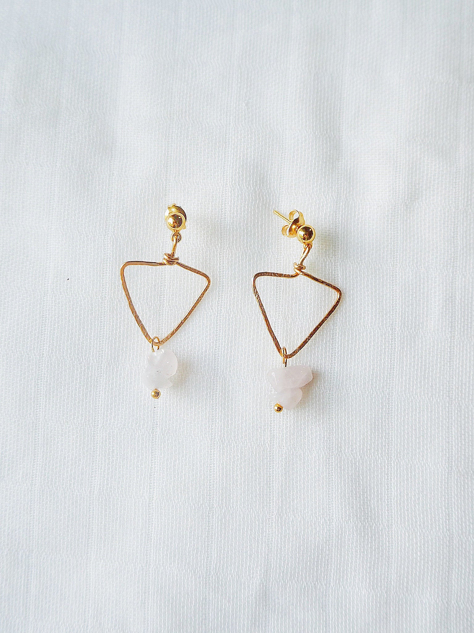 Rose Quartz Gemstone Triangle Wire Earrings 